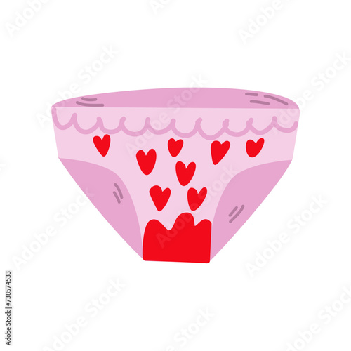 Women's panties with a menstrual stain. Feminine menstrual care illustration.Menstrual period. vector illustration.