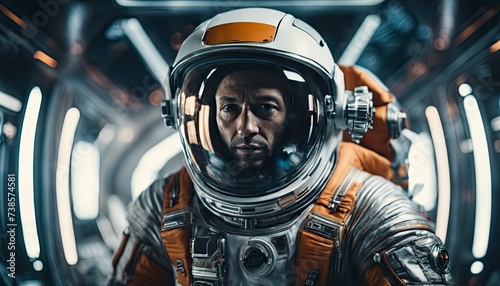 spaceship and astronaut, astronaut in action, daring astronaut, space suit and helmet, standing in front of futuristic spaceship