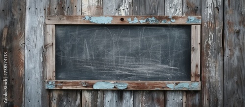 Message board with blank chalk sign on weathered wood.