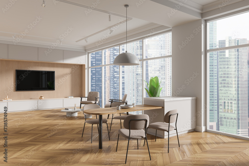 Stylish home living room interior with eating table and tv, panoramic window