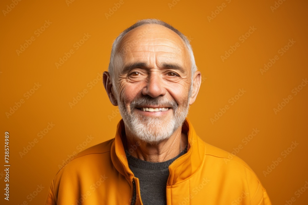 Senior man wearing a yellow hoodie. Studio shot over orange background. Senior man wearing a yellow hoodie. Studio shot over orange background.