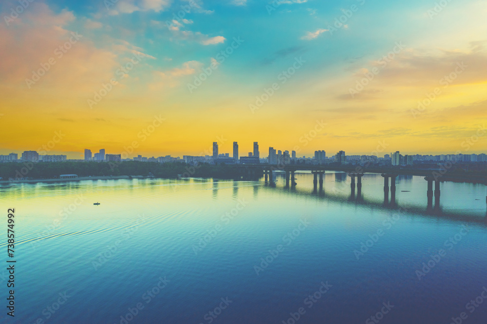 Skyline cityscape, Kyiv city in the morning, Paton bridge. Left bank of the Dnieper River. Aerial view