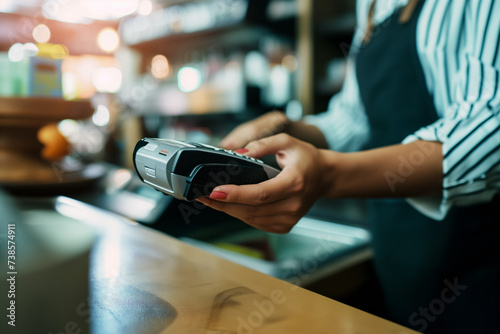 A vendor at a trendy cafe using a contactless payment device to accept payment from a customer photo
