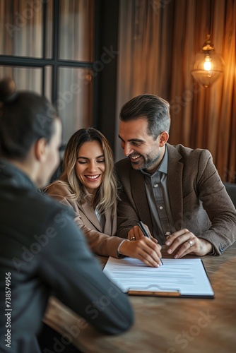 Real estate agent with couple closing а deal and sign documents at office. Celebrating success as contracts are signed.