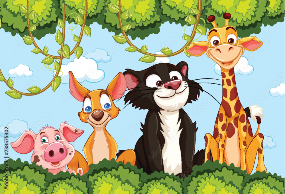 Naklejka premium Cartoon animals smiling together in a green forest