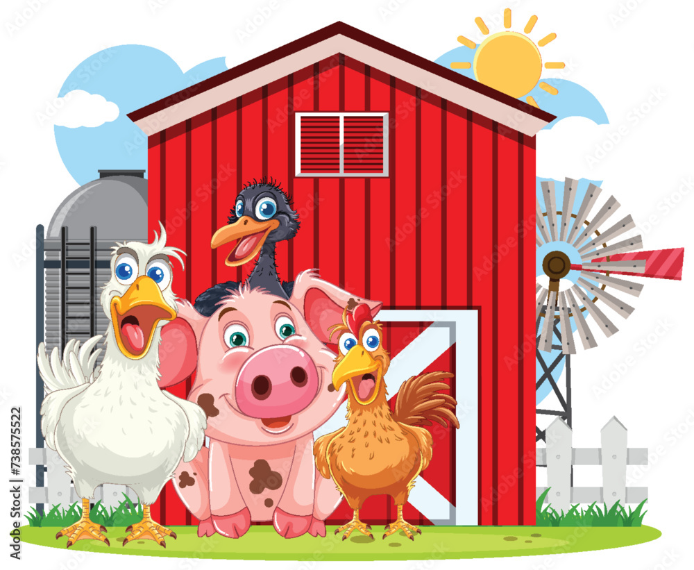 Obraz premium Colorful farm animals in front of a red barn