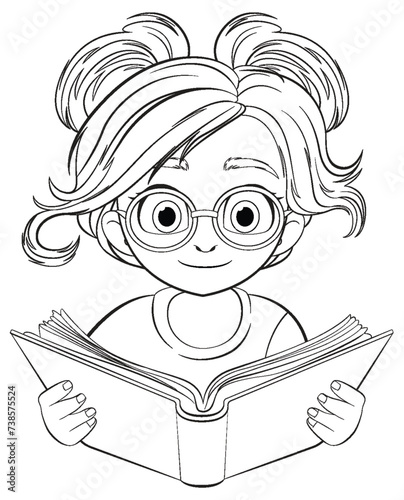 A young girl with glasses reading a book intently.