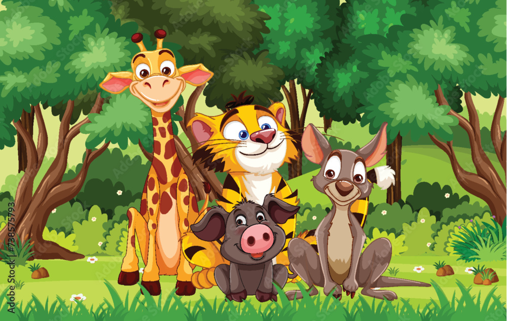 Naklejka premium Cartoon animals smiling together in a green forest