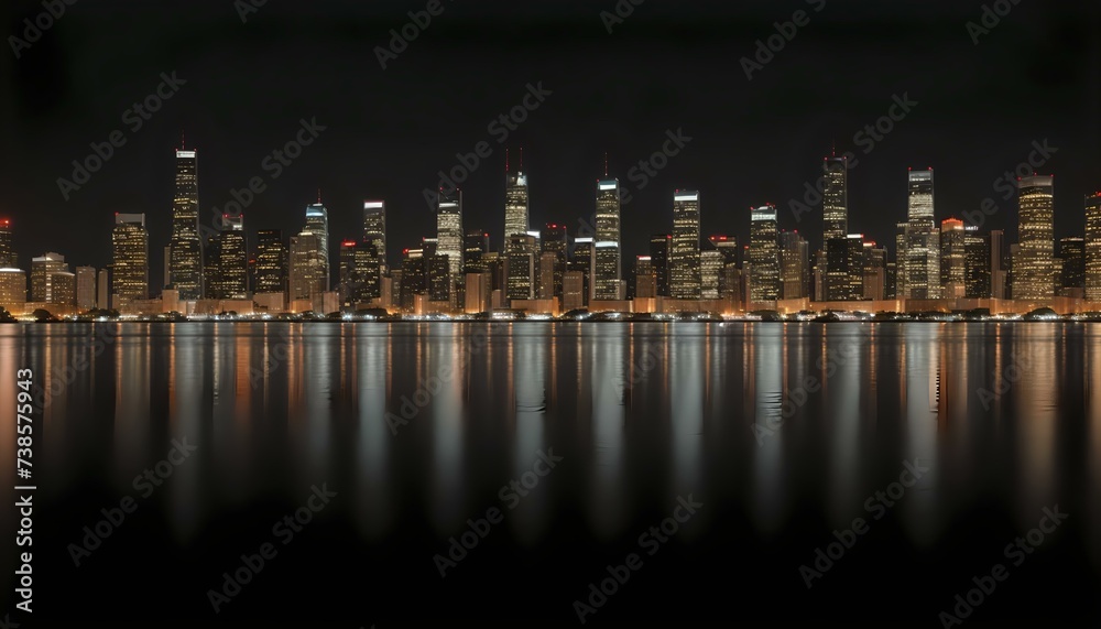 Cityscape skyline at night with reflection in river.