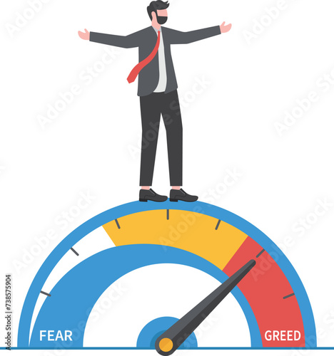 Market sentiment, fear and greed index, emotional on stock market or crypto currency trading indicator, investment risk psychology concept, businessman investor meditating on market sentiment gauge.

