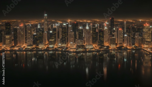 Cityscape skyline at night with reflection at the river.