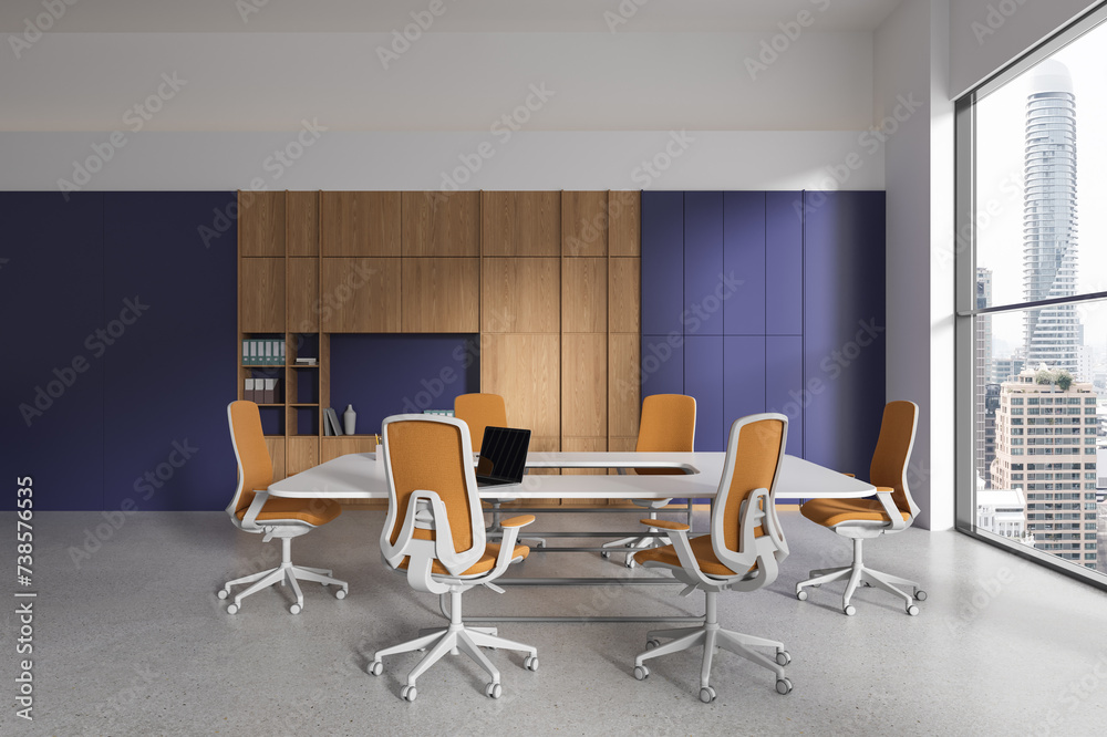 Modern office meeting interior with table and chairs, shelf and panoramic window