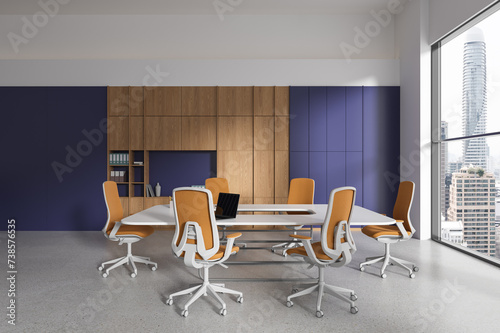 Modern office meeting interior with table and chairs, shelf and panoramic window © ImageFlow