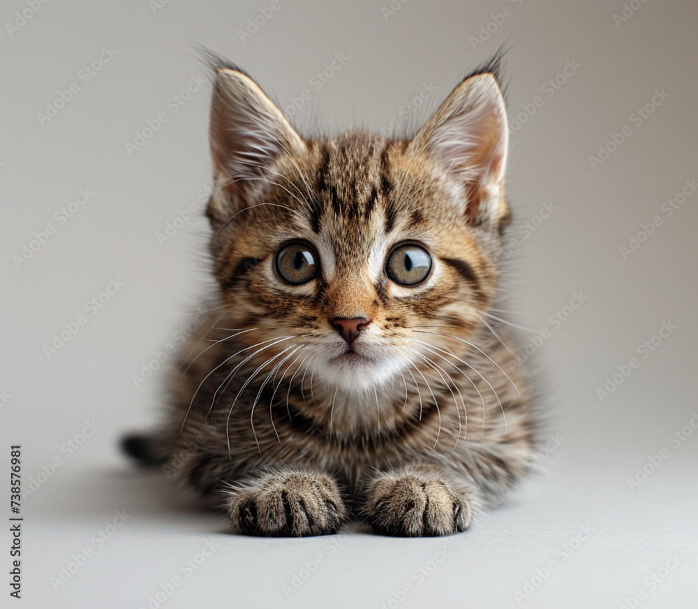 face photo of baby cat facing towards the camera with smiling eyes on a white background, waggy tail