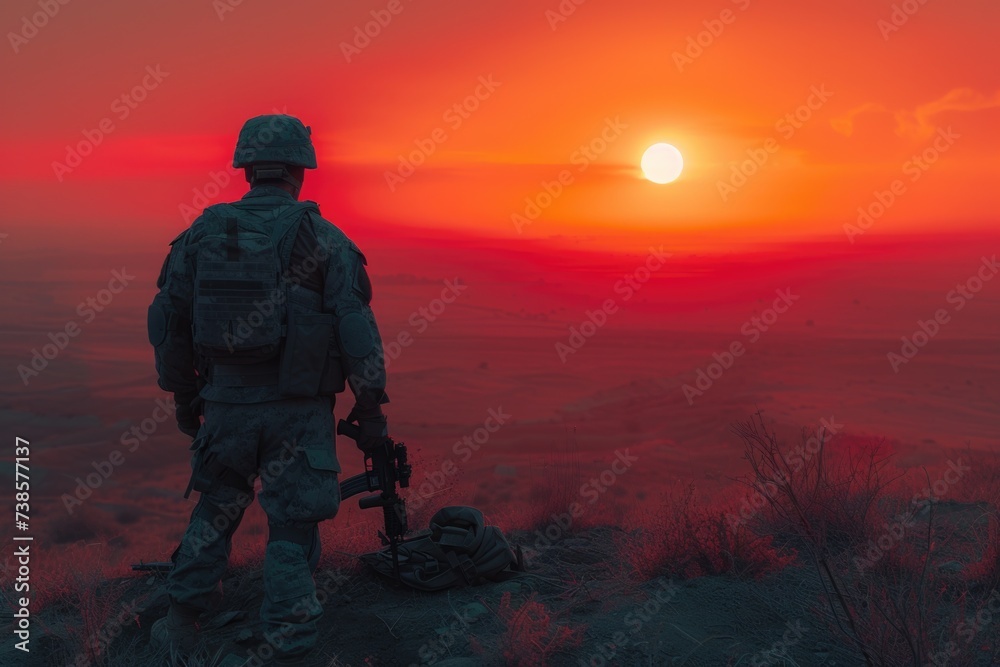 The silhouette of a soldier against the dawn horizon symbolizes the quiet strength and readiness as they face the challenges of a new day. The silhouette of a soldier against the dawn horizon symbolizes the quiet strength and readiness as they face the challenges of a new day.
