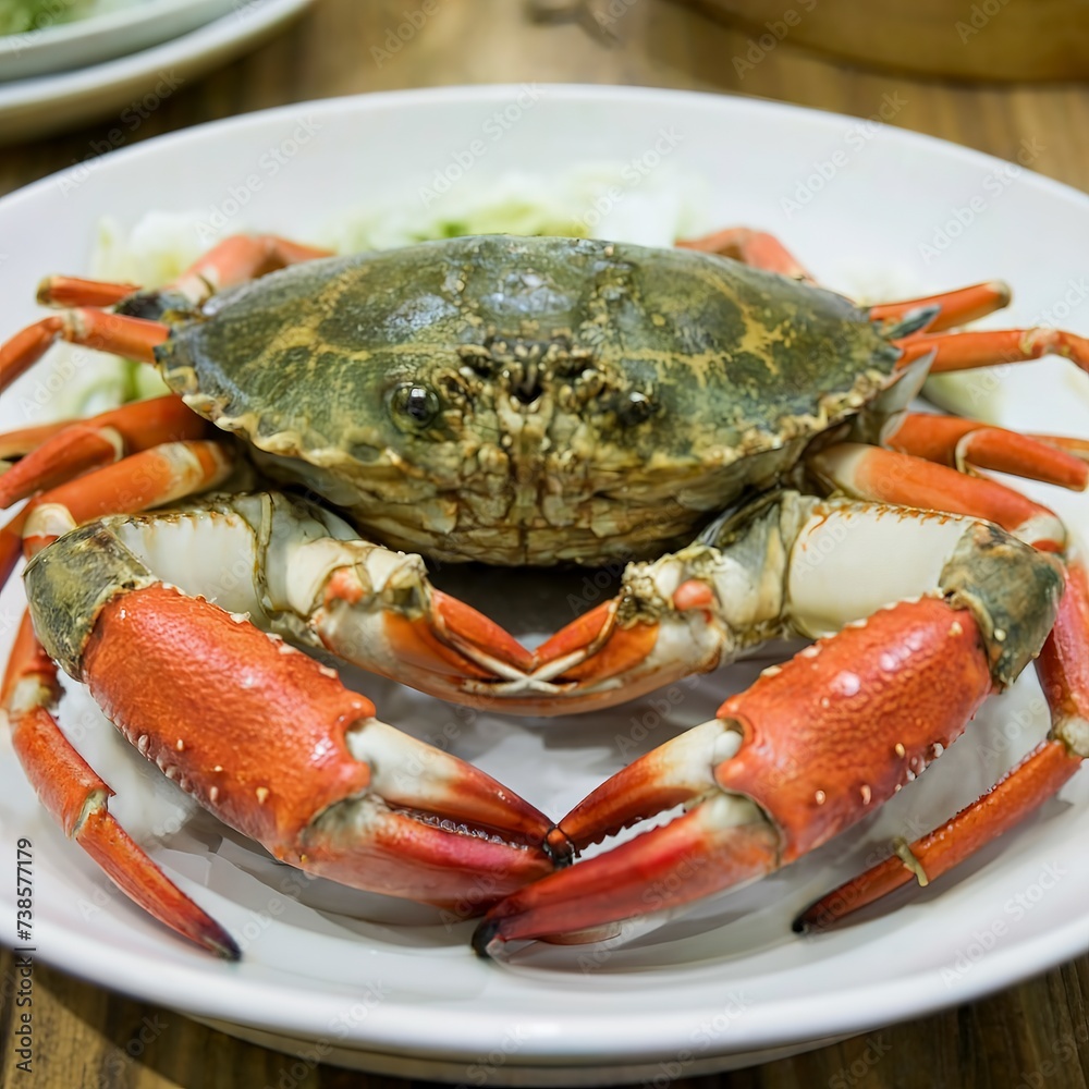 Close-up steamed crabs in dish