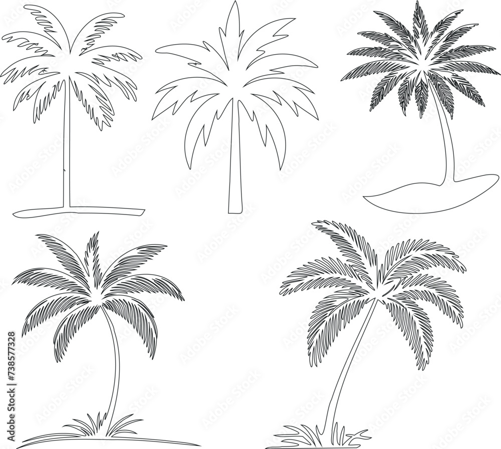 Palm trees sketch, minimalist, elegant, tropical, exotic, ideal for wallpaper, textile, decor. Trendy, stylish, black and white, serene, calm, aesthetic, modern, contemporary
