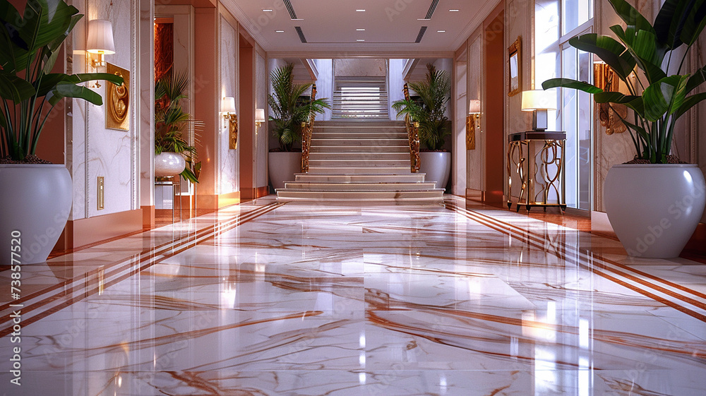 Elegant marble floors, minimalistic decor, inviting light, spacious hallway.
