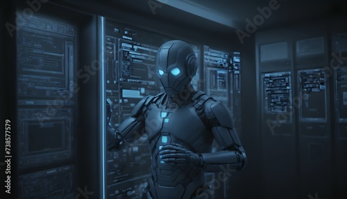Cyborg in the server room. 3D rendering. Virtual reality.