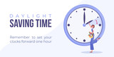 Daylight saving time begins concept. Spring forward web banner, poster. Vector illustration with brunette woman turning clock hour ahead, woman with flowers in bag.