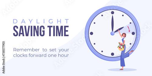 Daylight saving time begins concept. Spring forward web banner, poster. Vector illustration with brunette woman turning clock hour ahead, woman with flowers in bag.
