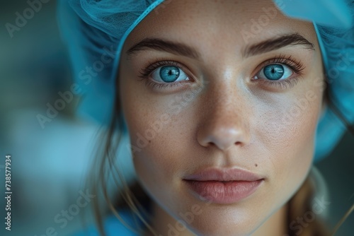 A close-up of a female surgeon's face, framed by a medical cap, radiates determination and compassion as she performs a procedure with skill and precision. photo