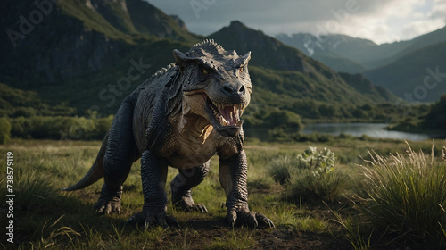 Landscape photo of an ancient dinosaur in its natural habitat