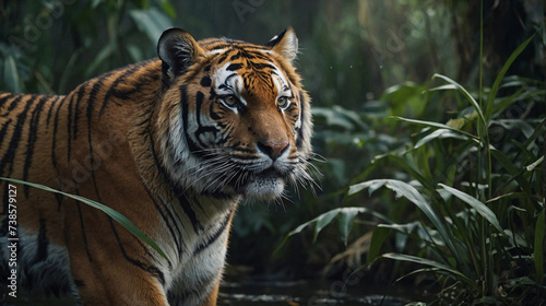 Photo landscape of a large, ferocious tiger in the Amazon rainforest