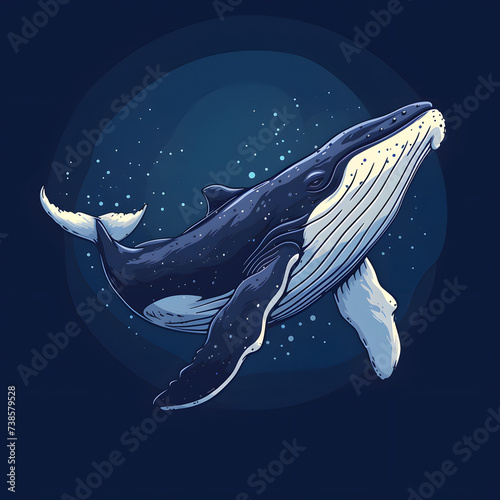 Cartoon humpback whale illustration on a starry night background. Marine life and ocean conservation concept for design and poster