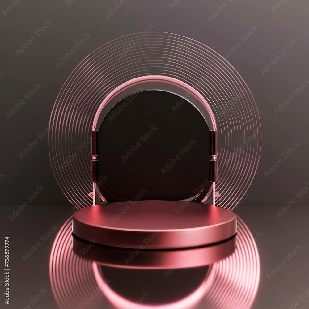 Dark black scene with podium on reflective black-pink background. Abstract 3D rendering