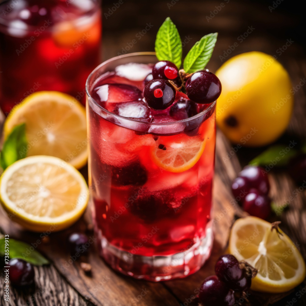 Iced drink - cranberry tea or juice with ice , lemon and mint . Iced drink - cranberry tea or juice with ice , lemon and mint .