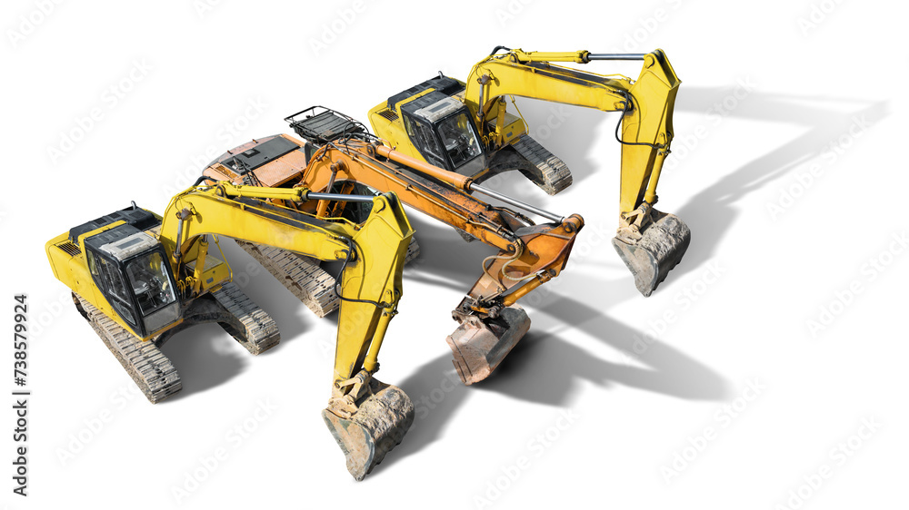 A photo showing a pair of powerful yellow construction excavators parked next to each other at a construction site. Isolated