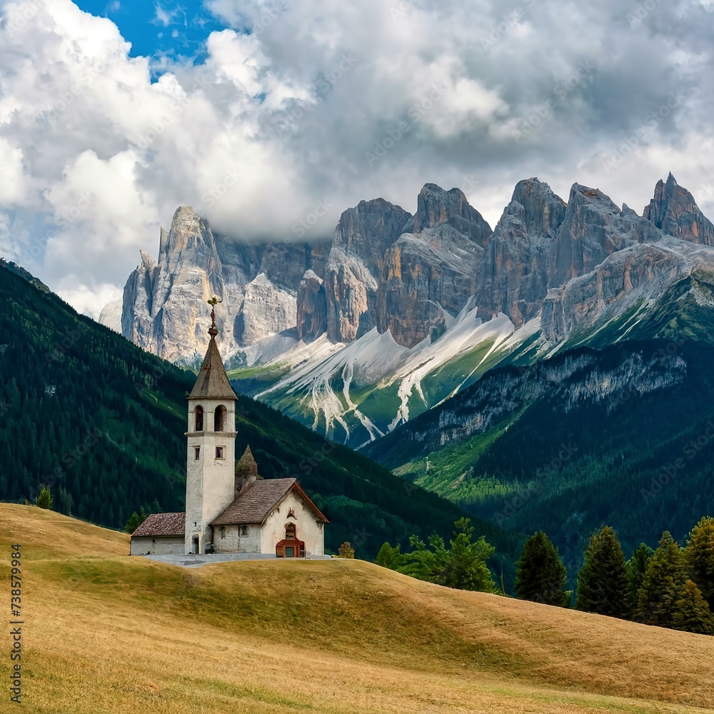 Dolomites mountain, Italy. View of the small church of St. John in Ranui.