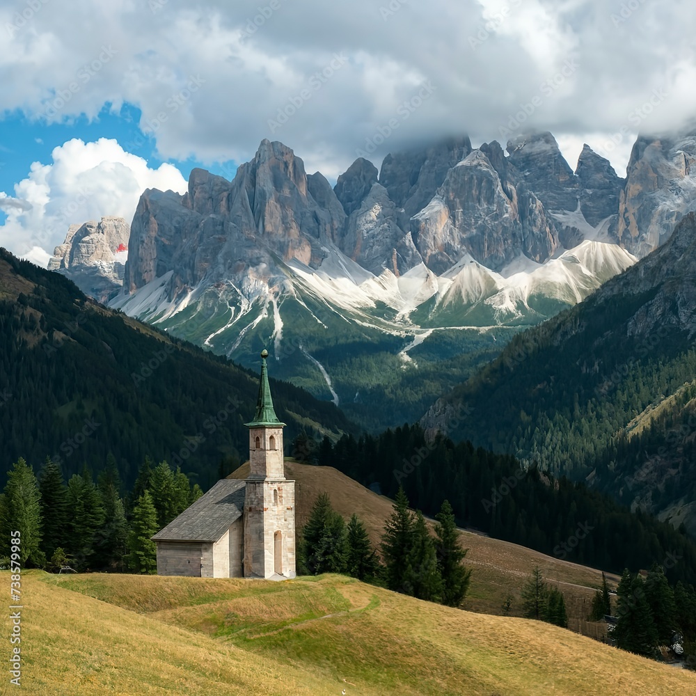 Dolomites mountain, Italy. View of the small church of St. John in Ranui.