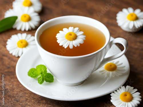 Herbal chamomile tea and chamomile flowers