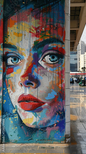 Pop portraits painted on the walls of a futuristic city