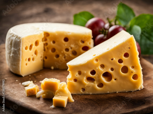 Block of Swiss medium-hard yellow cheese emmental or emmentaler with round holes