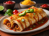 Mexican enchiladas with chicken, vegetables, corn, beans, tomato sauce and cheese.