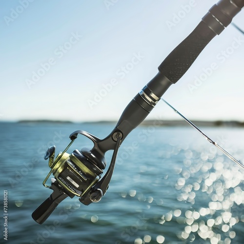 fishing rod and spinning reel and sea water background photo