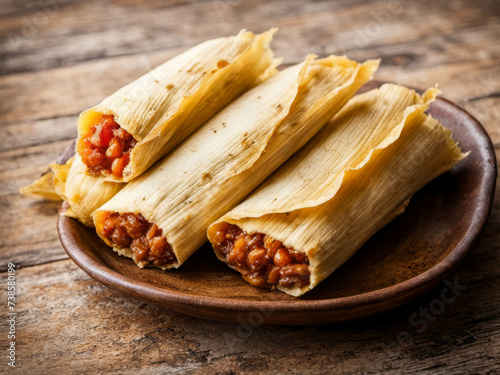 Chicken tamales wrapped in corn husks in a stack on a cutting board.