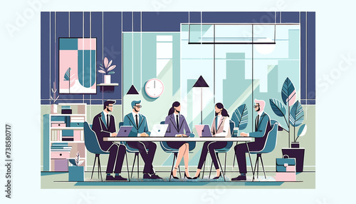 Fototapeta Naklejka Na Ścianę i Meble -  Conceptual vector illustration of a meeting scene at a company.	