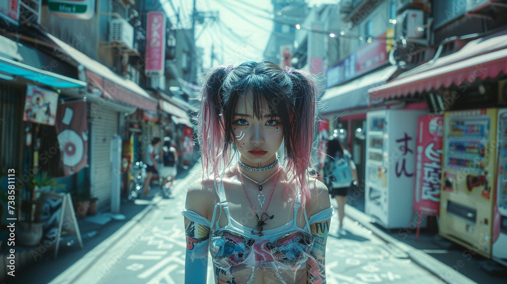 Fototapeta premium Anime vintage fashion blend in kawaii cyberpunk street scenes