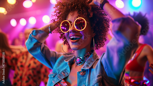 .A retro-themed banner transporting viewers to a lively 80s dance party with neon lights, vibrant fashion