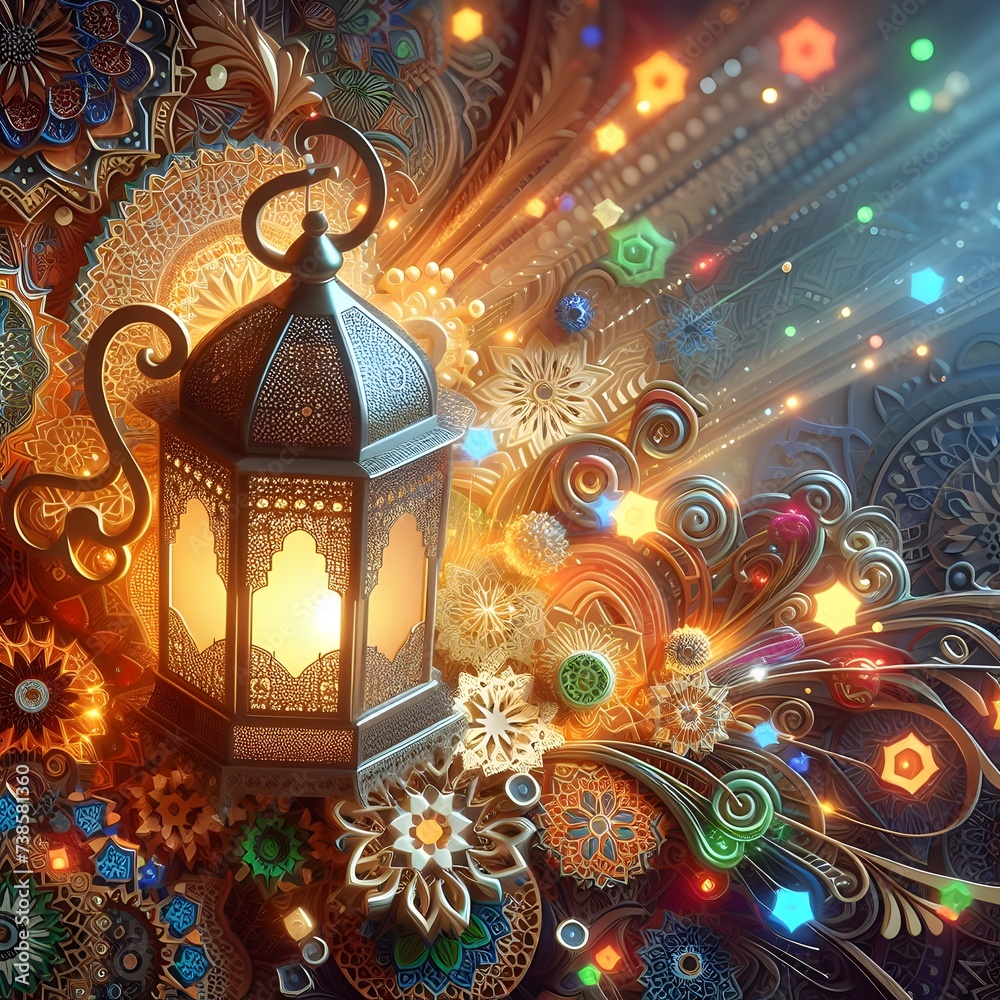 3d painting of Islamic lanterns Eid lamps  with the word Ramadan wallpaper