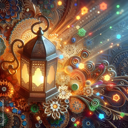 3d painting of Islamic lanterns Eid lamps with the word Ramadan wallpaper