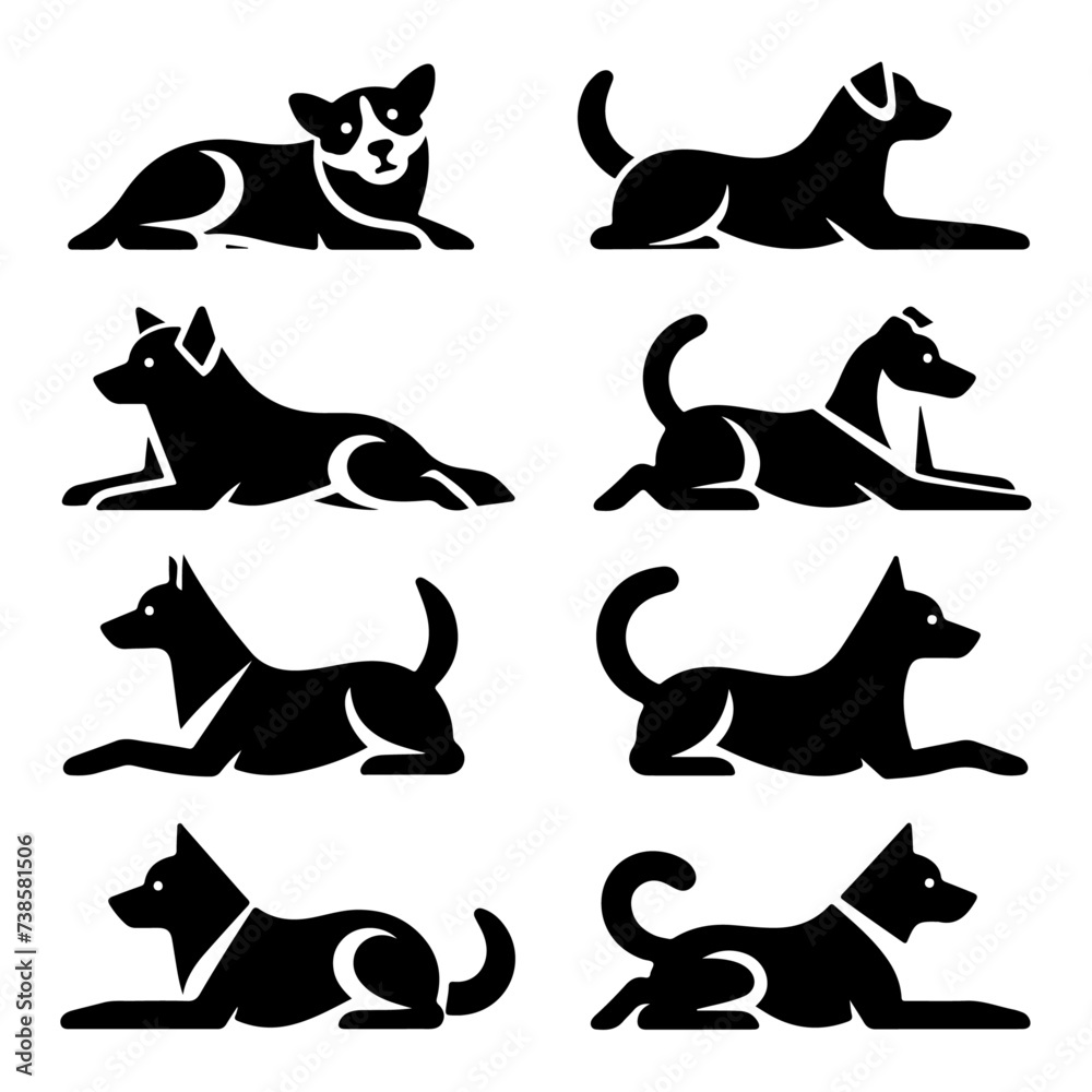minimal Set of a Dog lay down different pose vector icon in flat style black color silhouette, separated each element, white background