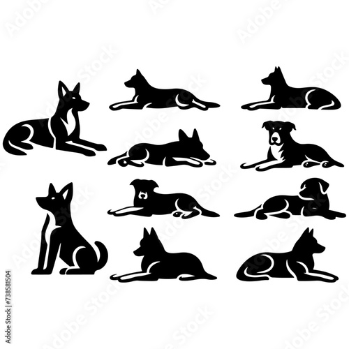 minimal Set of a Dog lay down different pose vector icon in flat style black color silhouette  separated each element  white background