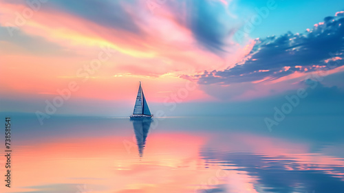 .A serene shot of a sailboat gliding on a tranquil lake at sunrise