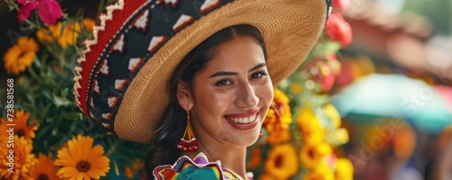 Beautiful mexican smiling and dancing gorgeous girl in traditional clothes with sombrero., pancho and heels. Amazing colorful flowers around her. photo