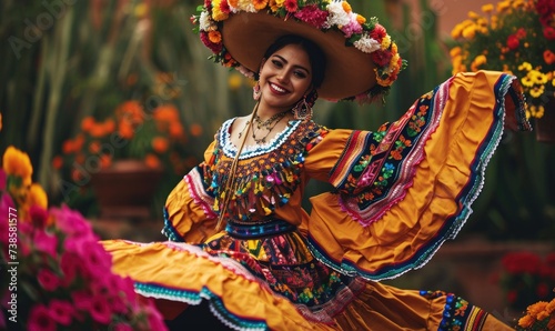Beautiful mexican smiling and dancing gorgeous girl in traditional clothes with sombrero., pancho and heels. Amazing colorful flowers around her.